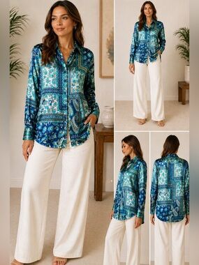 ✨ Luxe Satin Patchwork Blouse | Boho Coastal Chic | Silky Statement Top ✨